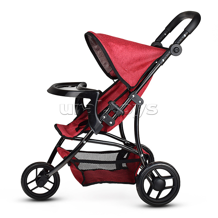 Коляска для кукол 3-колесная, металлическая, прогулочная, с тентом, с корзиной,цвет бордовый, в пакете