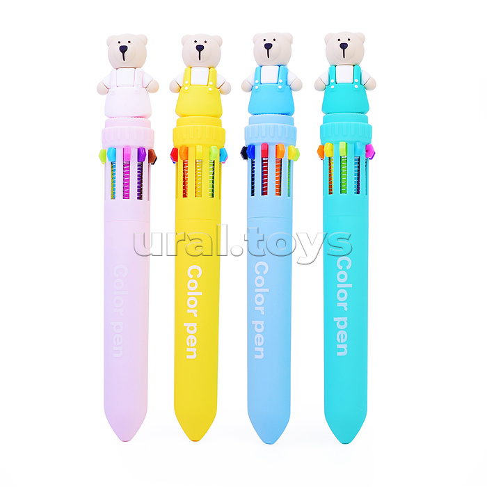 Ручка шариковая автоматическая "Мишка" 0,7 мм, 10-цветная (черный, коричневый, синий, красный, оранжевый, желтый, зеленый, голубой, розовый, фиолетовый), в дисплее.