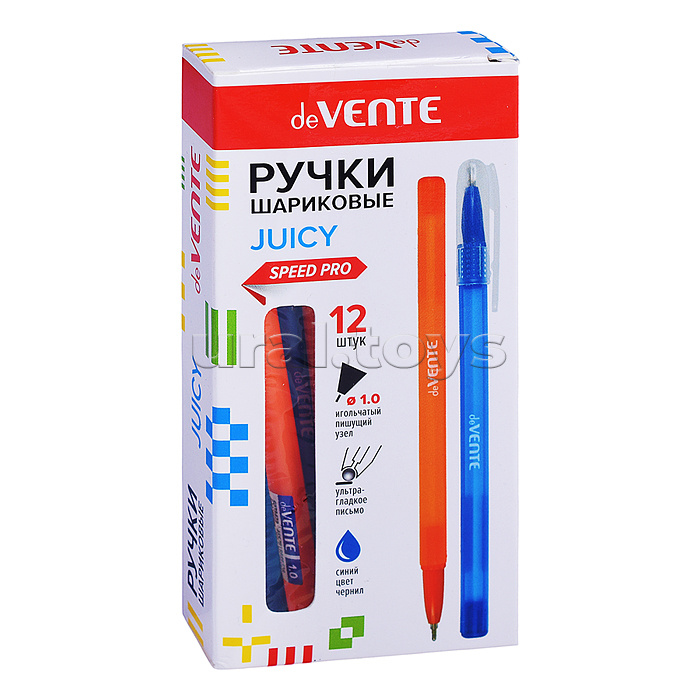 Ручка шариковая "Juicy" серия Speed Pro, d=1 мм, ультра гладкое письмо, чернила на масляной основе, игольчатый пишущий узел, цвет корпуса ассорти, сменный стержень, индивидуальная маркировка, синяя, в картонной коробке