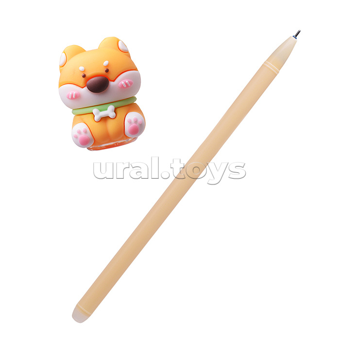 Ручка гелевая стираемая подарочная "Doggy" с декоративным элементом, d=0,5 мм, с ластиком, сменный стержень, индивидуальная маркировка, в картонном дисплее, синяя, ассорти 4 дизайна