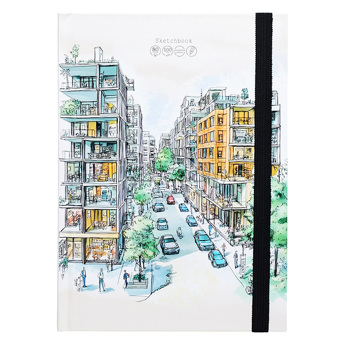 Скетчбук А5, 80л, "Городской эскиз" книжн, 7БЦ, матовая лам, выб.лак, резинка