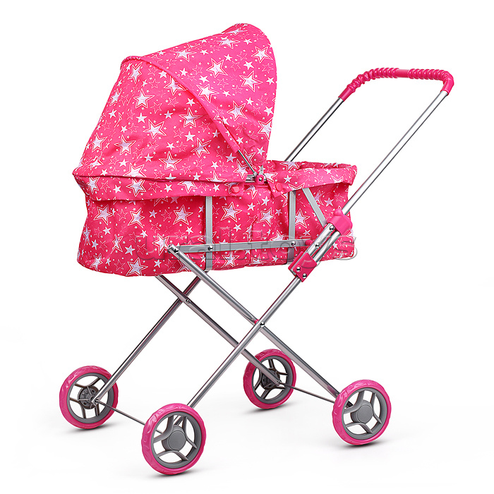 Коляска для кукол металлическая, складная, прогулочная с капюшоном, цвет звёзды на розовом