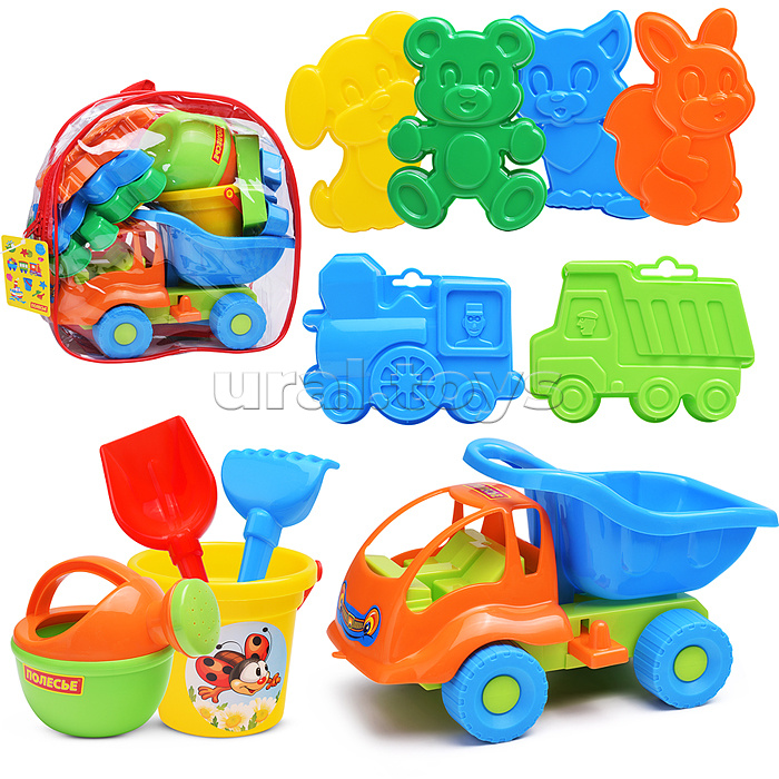 Набор №301 (в рюкзаке): "Муравей", автомобиль-самосвал + ведро малое, лопатка №5, грабельки №5, формочки (самосвал + паровоз + белочка + пёсик + котёнок + медведь), лейка малая №4