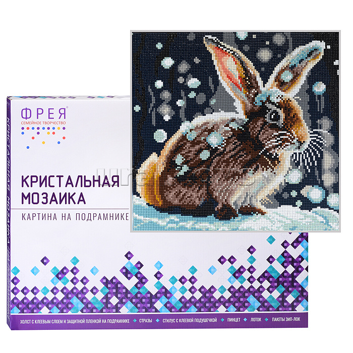Кристальная (алмазная) мозаика на подрамнике 30х30 "Пушистый кролик"