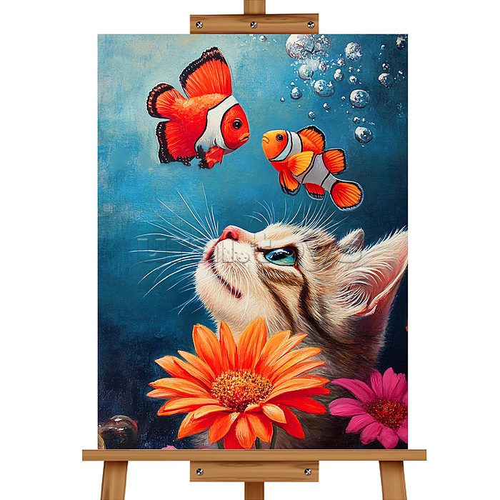 Мозаика алмазная "Котик с рыбками" 30*40см.