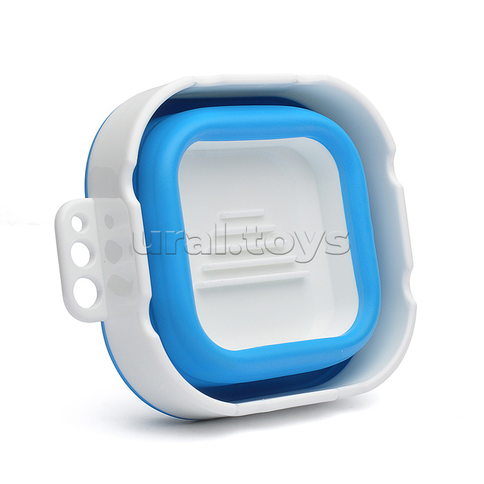 Стакан складной для ИЗО 300 мл, 9,5x9,5x8 см, высота 8 см, в сложенном виде 3 см, силиконовый, с пластиковым бортом, дном и держателями для кистей, голубой с белым