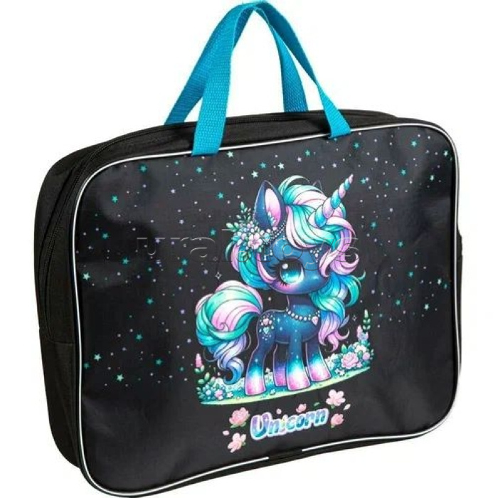 Папка для тетрадей, ИЗО и технологии "Unicorn" A4 (35x27x7 см) текстильная, плотный износостойкий полиэстер с водоотталкивающей пропиткой, с текстильным расширением 7 см, на молнии сверху, с внутренним карманом, с текстильными ручками увеличенной длины 24