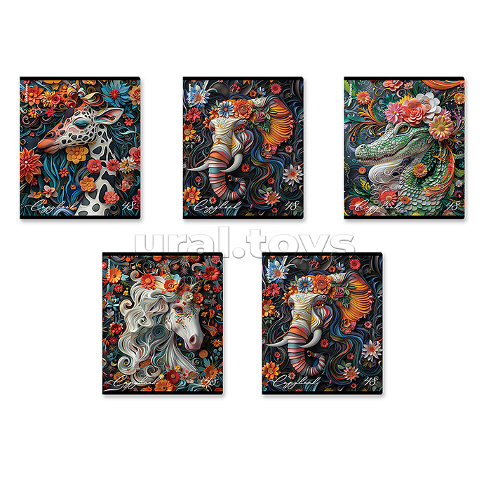 Тетрадь 48 л. клетка "Flower Animals" выборочный УФ-лак, Тетрадь 48 л. клетка "Flower Animals" выборочный УФ-лак,