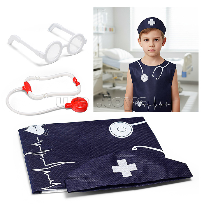Набор "Медик" из 4 предметов: накидка, колпак, стетоскоп, очки синий