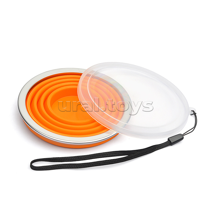 Стакан складной "Ultra thin" 270 мл, диаметр 10 см, высота 8,5 см, в сложенном виде 1,5 см, силиконовый, с металлическим ободком, с прозрачной пластиковой крышкой, с петлей для переноски, неоновый оранжевый