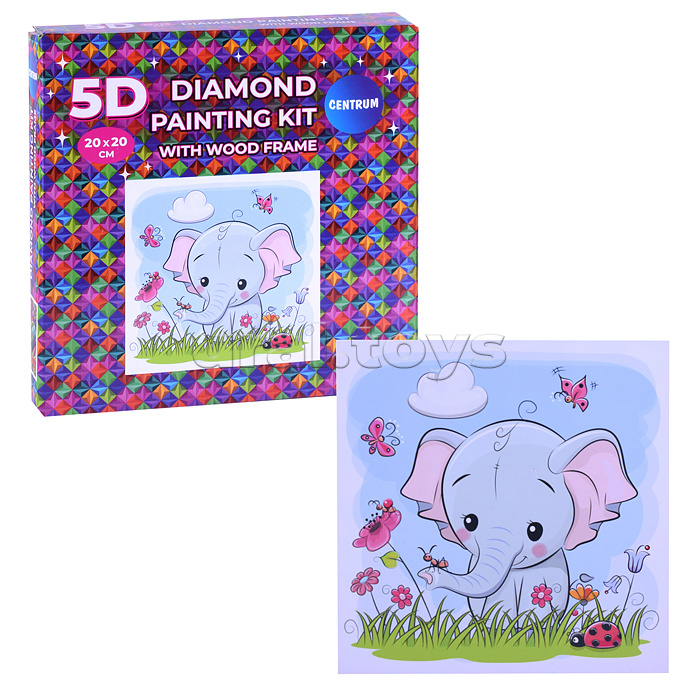 Алмазная мозаика "Слоненок" 20х20см, в деревянной рамке, частичное заполнение