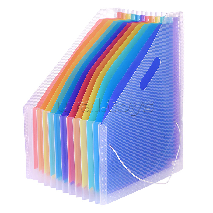 Вертикальный накопитель с 13-ю отделениями "Stripe" A4 (32,5x25,8x3 см) 700 мкм, фактура гладкая матовая, отделения 180 мкм, с резинкой индивидуальная маркировка, прозрачный с цветными разделителями