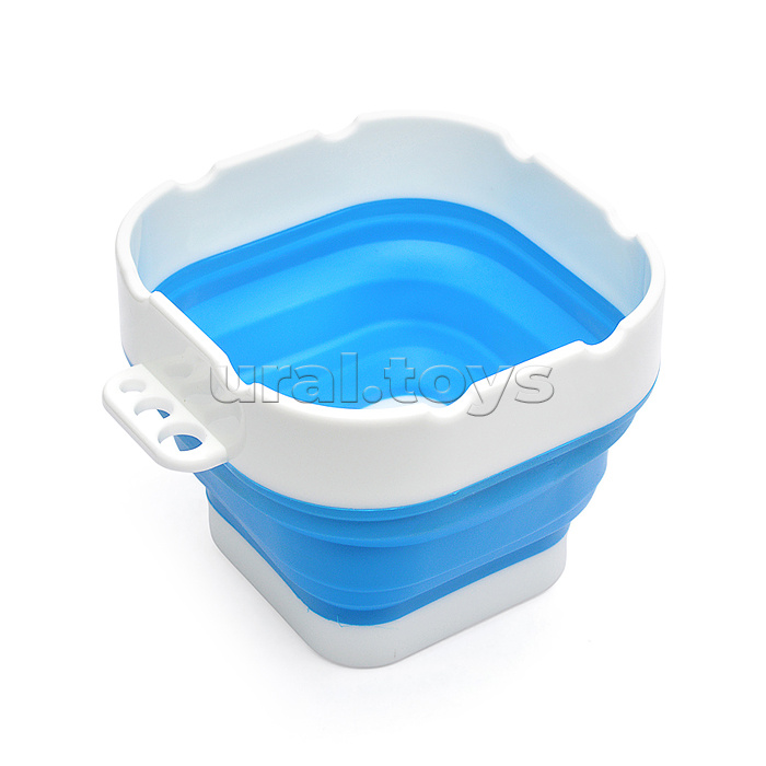 Стакан складной для ИЗО 300 мл, 9,5x9,5x8 см, высота 8 см, в сложенном виде 3 см, силиконовый, с пластиковым бортом, дном и держателями для кистей, голубой с белым