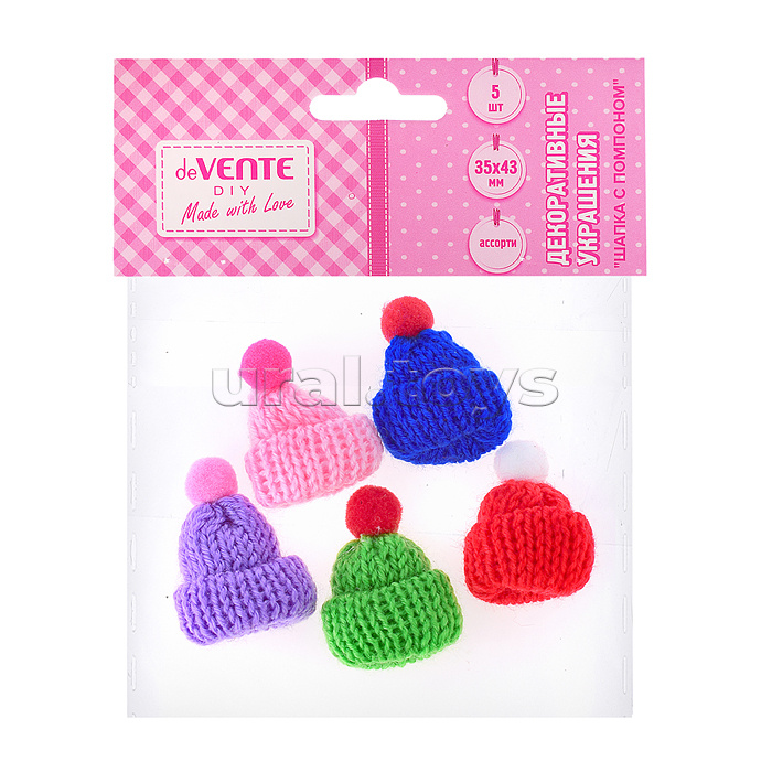 Декоративные украшения "Шапочка с помпоном" трикотажные, 35x43 мм, 5 шт, в пластиковом пакете с блистерным подвесом, цвета ассорти