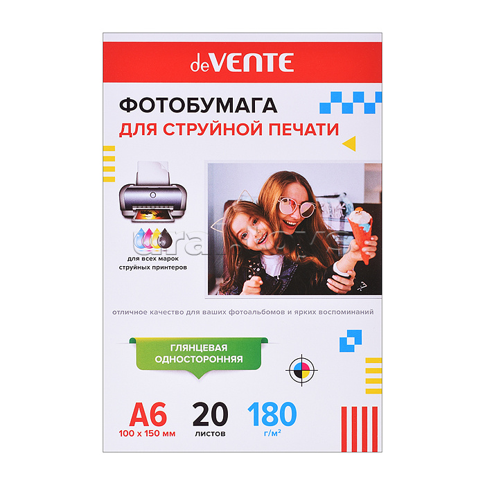 Фотобумага для струйной печати A6 (10x15 см) 20 л, 180 г/м², глянцевая односторонняя, в пластиковом пакете с европодвесом