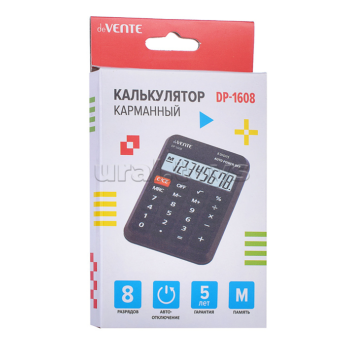 Калькулятор карманный DP-1608, 58x88x11 мм, 8 разрядный, автоматическое вычисление квадратного корня, процентов, работа с памятью, черный, в картонной коробке Калькулятор карманный DP-1608, 58x88x11 мм, 8 разрядный, автоматическое вычисление квадратного корня, процентов, работа с памятью, черный, в картонной коробке
