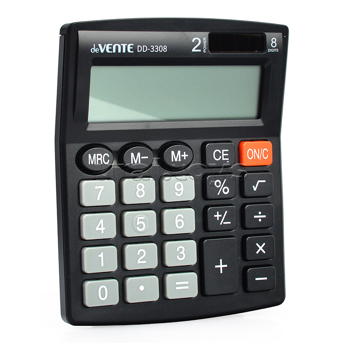 Калькулятор настольный, 105x127x21 мм, 8 разрядный, автоматическое вычисление квадратного корня, процентов, функция смены знака, работа с памятью, двойное питание, автоматическое отключение, прорезиненные ножки, черный, в картонной коробке DD-3308