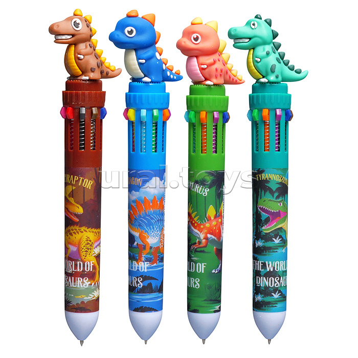 Ручка шариковая автоматическая "Динозавр" 10-ти цветная, пулевидный пиш.узел 0.7мм, корпус пластиковый цветной, 6 дизайнов, картонный дисплей