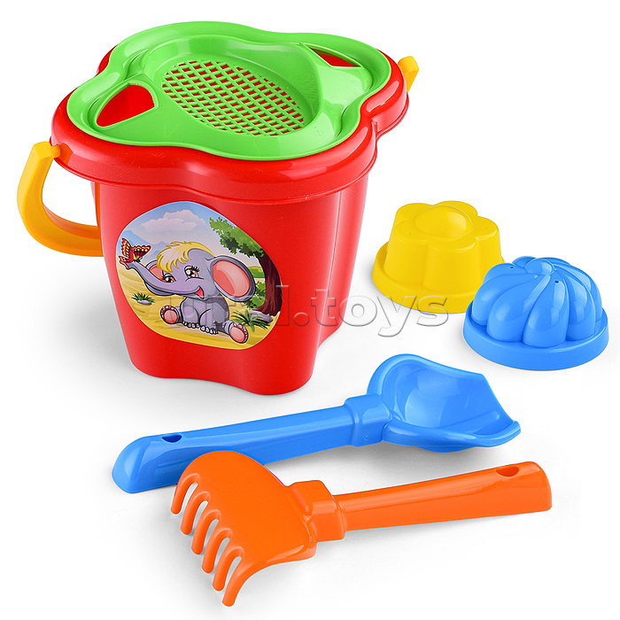 Набор №36: ведро-цветок среднее, ситечко-цветок, совок №2, грабельки №2, 2 формочки