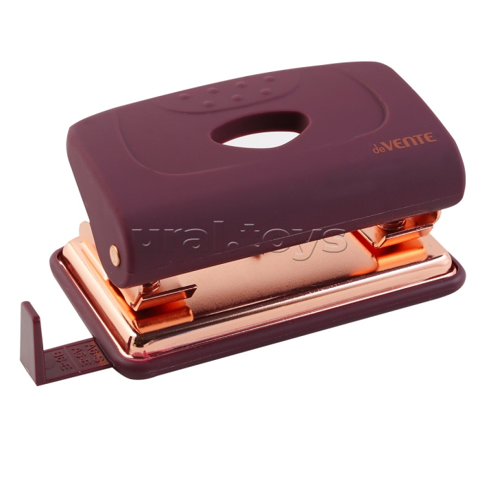 Дырокол "Esthetics" (12 листов) пластиковый с линейкой, в картонной коробке, цвет бургунди, с металлической базой цвета розового золота