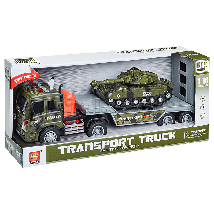 Автовоз "Военный" с танком, 1:16 (свет, звук) на батарейках, в коробке (зеленый)