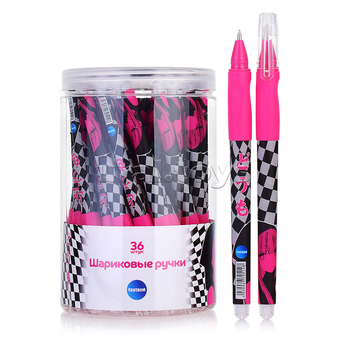 Ручка шариковая прорезиненная Аниме "Клетка розовая" с эргономичной резинкой для пальцев, цвет чернил синий, 0.7мм.