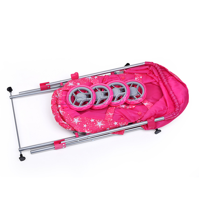 Коляска для кукол металлическая, складная, прогулочная с капюшоном, цвет звёзды на розовом