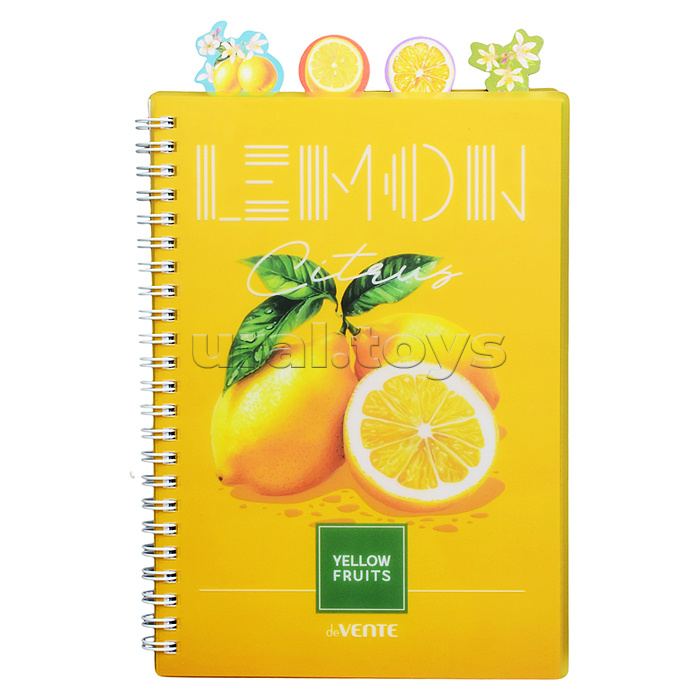 Тетрадь 80л. клетка "Fruits. Lemon" с разделителями А5 (145x208 мм) белая бумага 70 г/м² пластиковая обложка на гребне, цветная печать, 4 пластиковых разделителя с фигурной вырубкой и дизайном