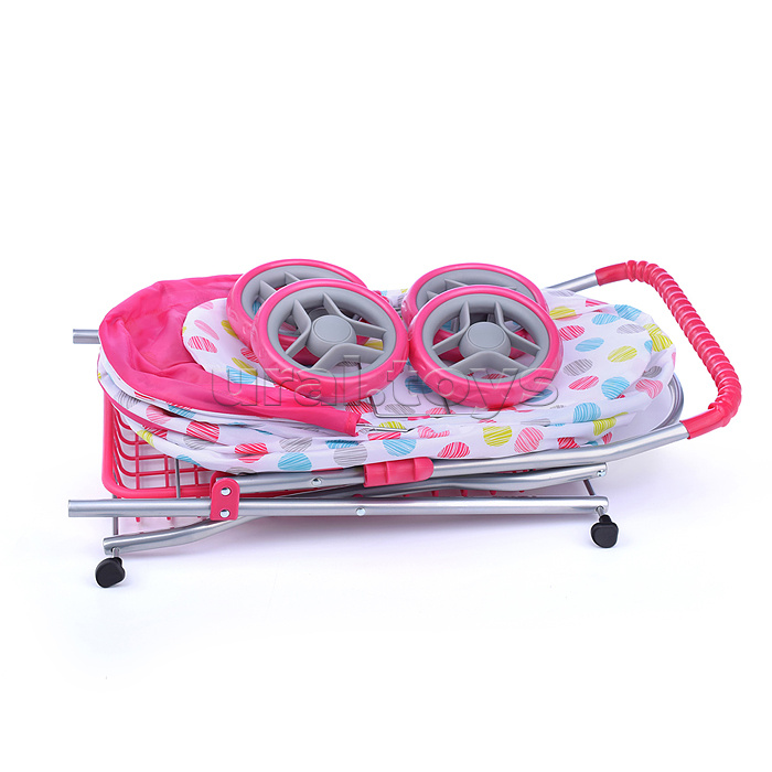 Коляска для кукол, металлическая, складная, прогулочная с капюшоном, с сумкой и корзиной , цве