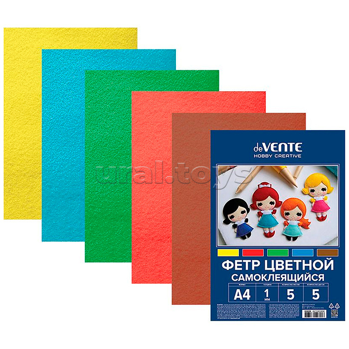Фетр цветной мягкий самоклеящийся A4 5 цв, 5 л "Яркие цвета" толщина 1 мм, пластиковый пакет с европодвесом Фетр цветной мягкий самоклеящийся A4 5 цв, 5 л "Яркие цвета" толщина 1 мм, пластиковый пакет с европодвесом