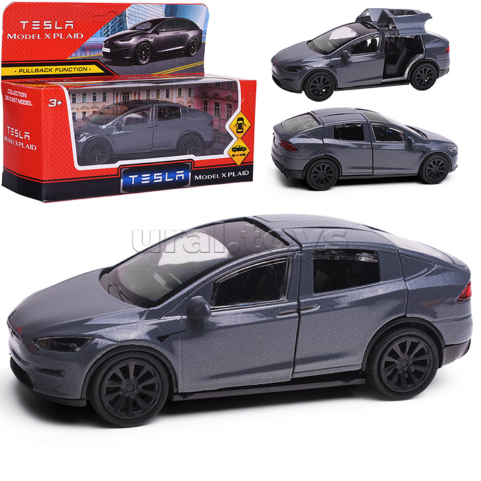 Машина металл. Tesla model x plaid 12 см, двери, серебр, в коробке Машина металл. Tesla model x plaid 12 см, двери, серебр, в коробке