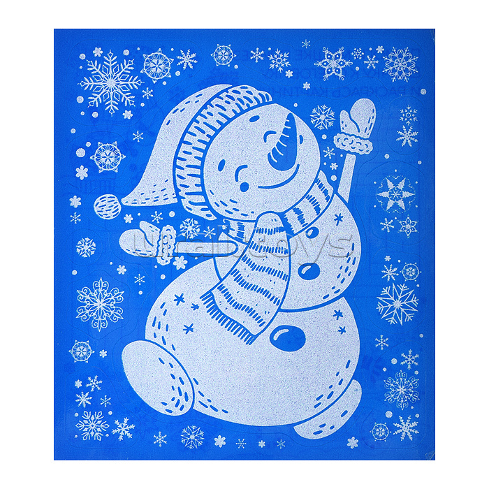 Новогоднее оконное украшение из ПВХ пленки "Снеговик" декорировано глиттером (крепится к гладкой поверхности стекла посредством статического эффекта) с раскраской на картонной подложке 15,5x17,5см