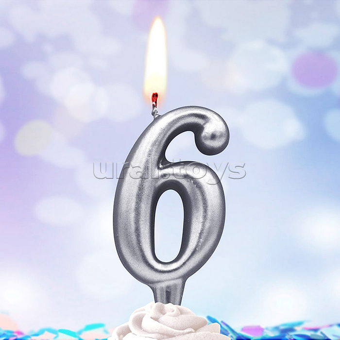 Свеча Цифра, 6, Серебро, 6 см, 1 шт.