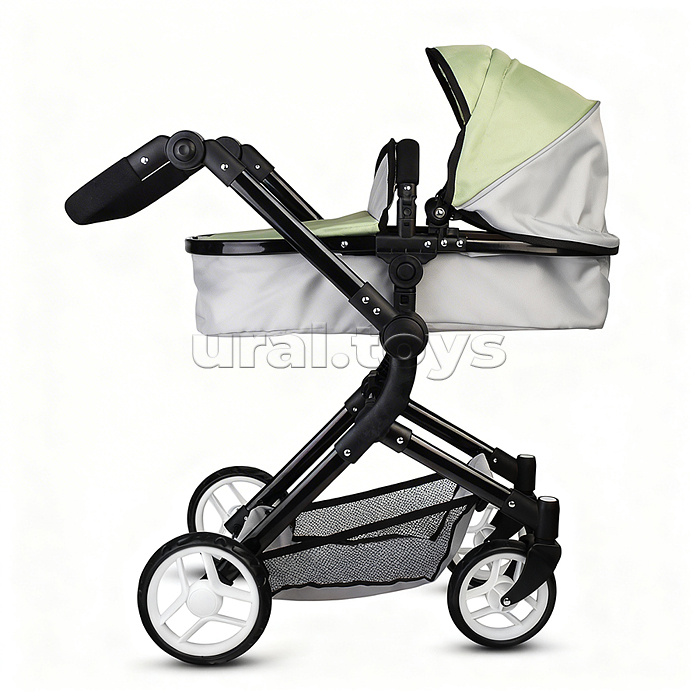 Коляская кукольная металлическая, прогулочная, с корзиной, серо-зеленая