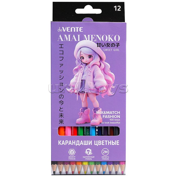 Карандаши цветные "Amai Menoko" 12 цветов, 2М, диаметр грифеля 2,8 мм, шестигранные, в картонной коробке
