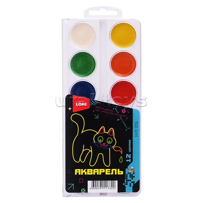 Акварель "Киберкотики" 12 цв, б/к в пластиковой упаковке с крышкой