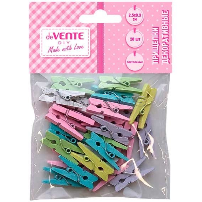 Прищепки декоративные "DIY Natural Wood" деревянные, размер 25x3 мм, 20 шт, пастельные цвета ассорти, в пластиковом пакете с блистерным подвесом