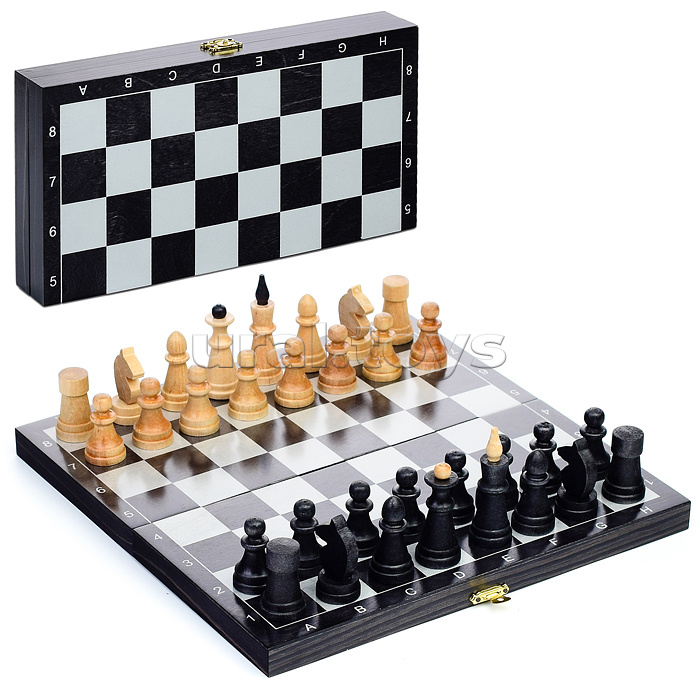 Шахматы обиходные деревянные "Объедовские" с дорожной деревянной черной доской, рисунок серебро "Классика" (290*145*40)