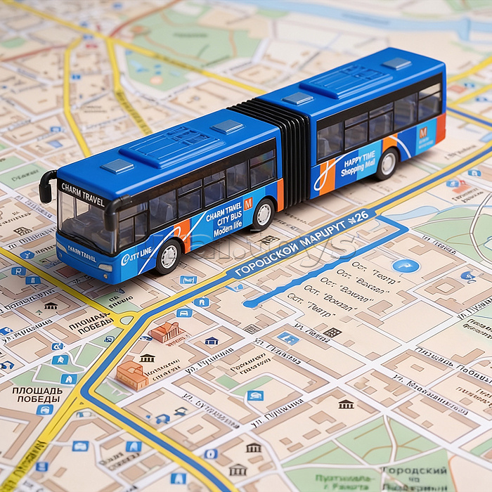 Автобус металлический городской с гармошкой, инерционный, масштаб 1:64 (синий)