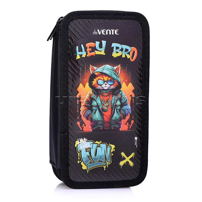 Пенал "Hey Bro" 205x108 мм, трехстворчатый прямоугольный для 50 предметов, на молнии, картон с покрытием из фольги с конгревным тиснением