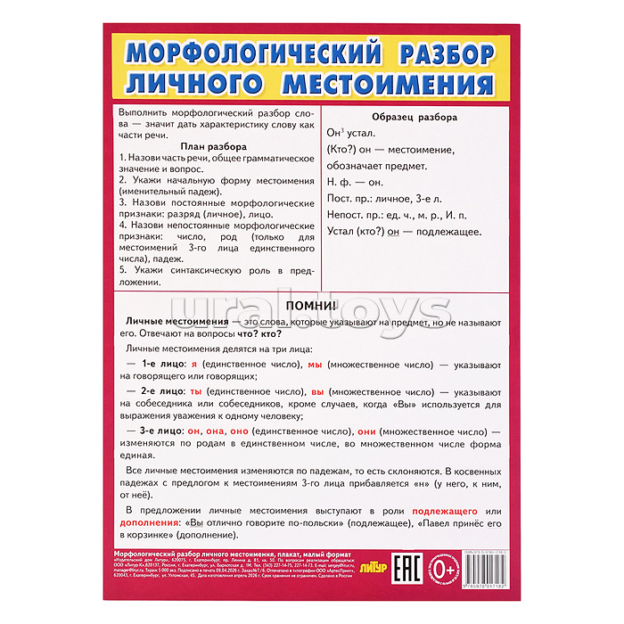 Плакат Морфологический разбор личного местоимения