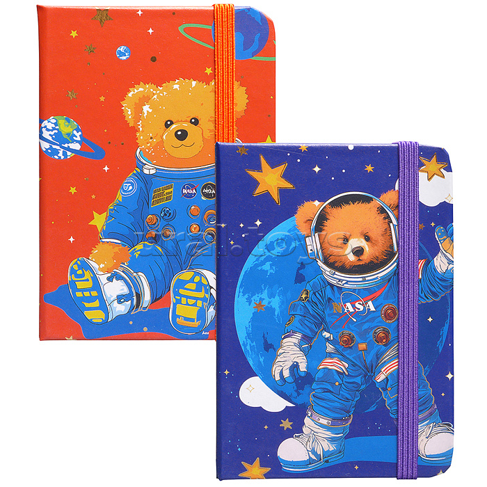 Блокнот А7 80л. "Медведь в космосе" в линейку в твердом переплете, на резинке, 77г/м2, цвет в ассортименте (красный, синий, черный, голубой), в дисплее