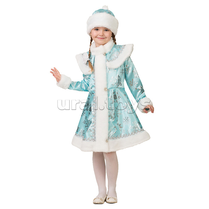 Изделие швейное для девочек "Снегурочка сатин бирюза снежинка" (пальто, шапка) р.134-68