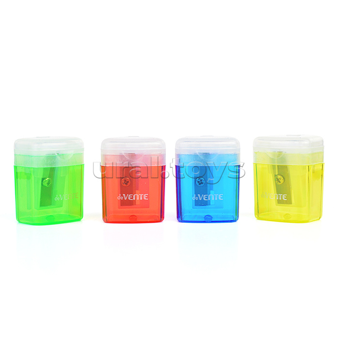 Точилка для карандашей 1 отверстие, с контейнером, пластмассовая, прямоугольная, с индивидуальной мракировкой, в картонной коробке, ассорти