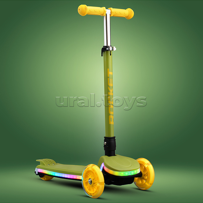 Самокат трёхколёсный ROCKET колёса световые PU, цвет зелёный