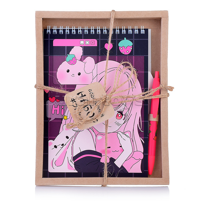 Набор блокнот "Аниме Девочка с питомцами" А5, 60 листов+Ручка шариковая автоматическая прорезиненная в подарочной упаковке