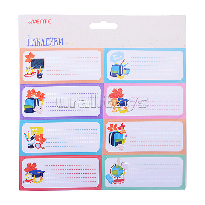 Набор наклеек для тетрадей "Снова в школу!" 40x96 мм, 8 дизайнов, в пластиковом пакете с блистерным подвесом Набор наклеек для тетрадей "Снова в школу!" 40x96 мм, 8 дизайнов, в пластиковом пакете с блистерным подвесом