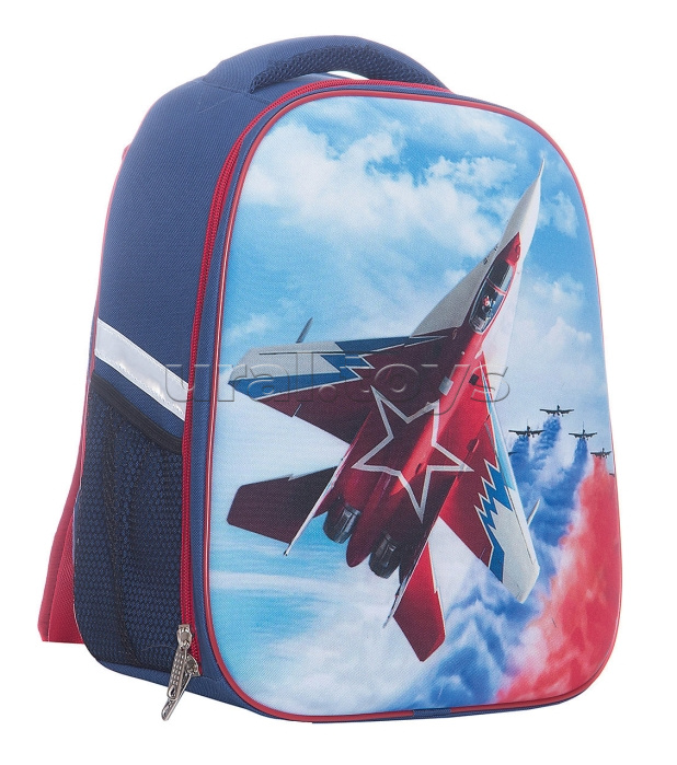 Рюкзак каркасный "Истребитель-Миг " формованный из полимеров, материал: нейлон, полиэстер, полноцветная печат, 2 отделения на молнии, 2 бегунка на каждой молнии, 1 вместительный боковой карман, светоотражатели , жесткая эргономичная спинка;  широкие, регу