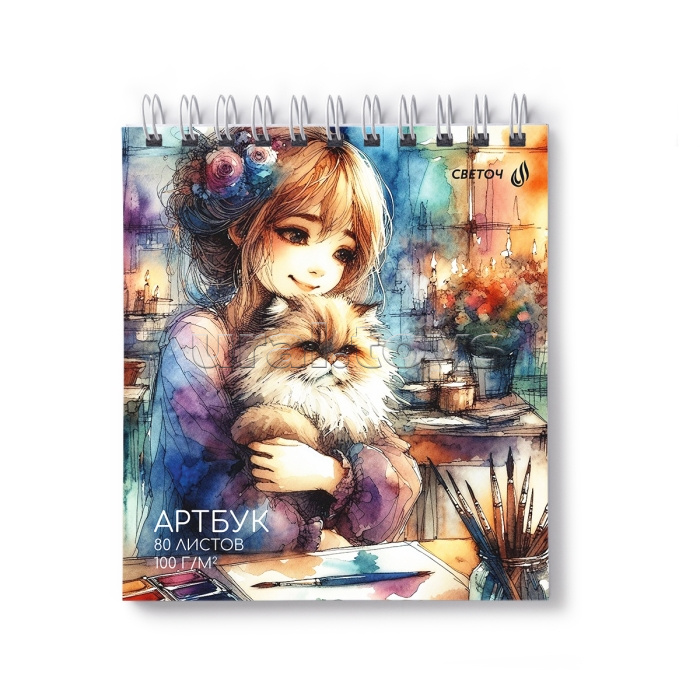 Артбук (Скетчбук) 80л. "Котячья нежность" на гребне, блок белый, запечат.пластик.обл. 500мкм.,