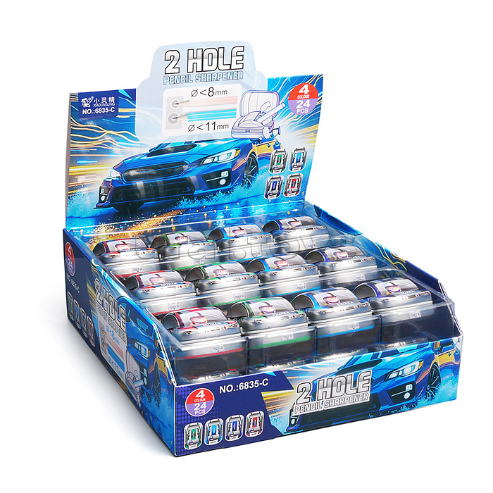 Точилка металлическая "Машинка" 2 отверстия для заточки, 4 дизайна, с контейнером для стружки, картонный дисплей